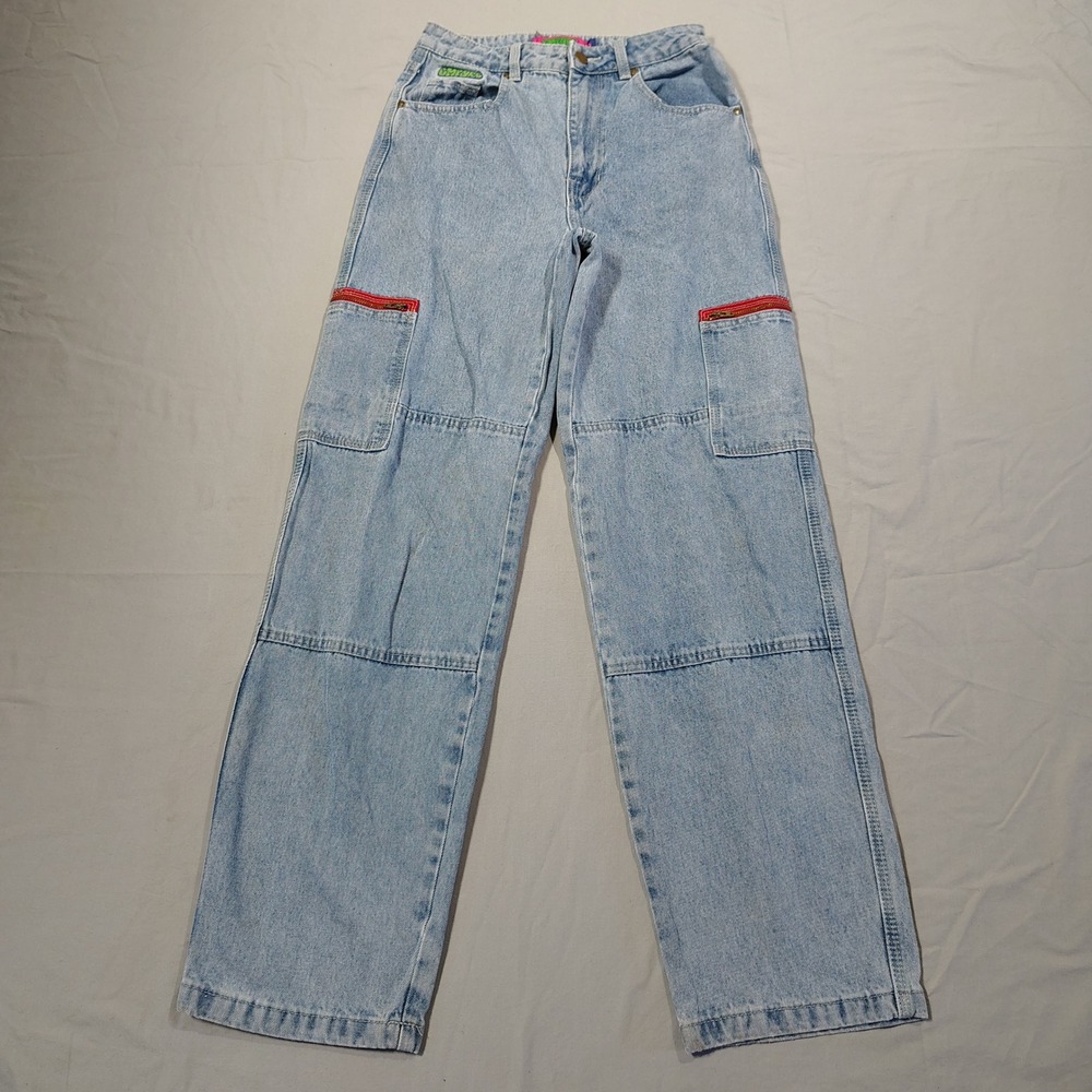 Empyre Jeans Womens 0 Light Wash Tori Denim Cargo Wide Leg Red Zipper Accent